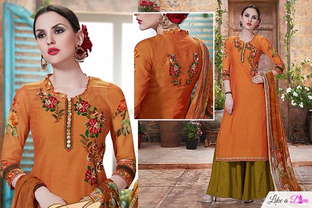 Floral Embroidered Palazzo Suit With Printed Dupatta